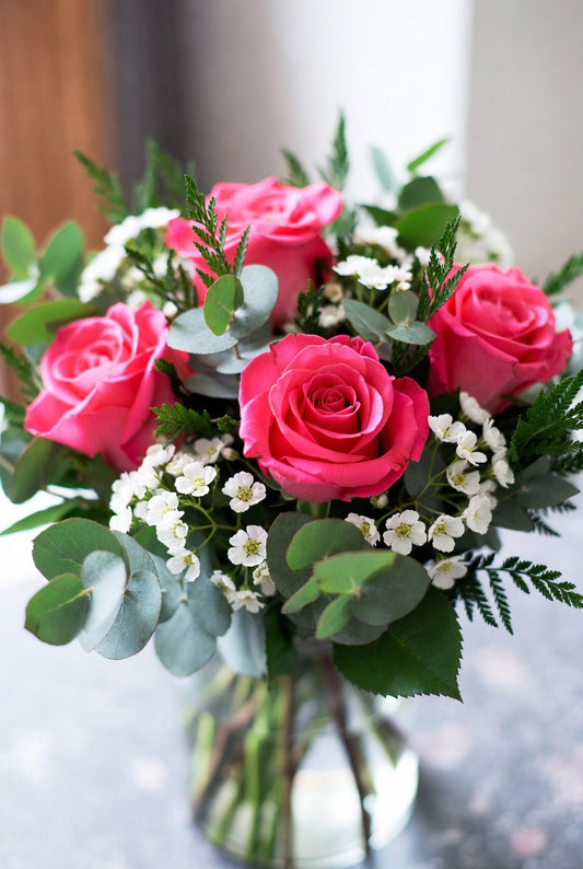 Kiss Me Pink Bouquet |Hot Pink Roses in Vase