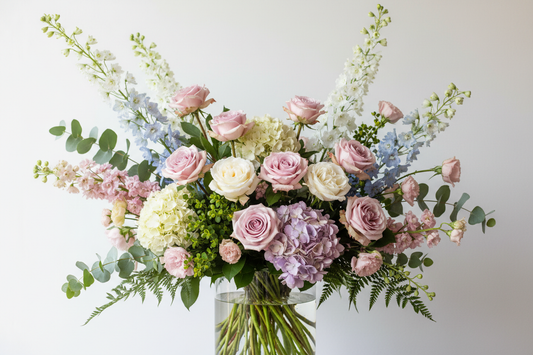 Can you create me a designer choice flower arrangement that is large and trendy looking in a glass vase