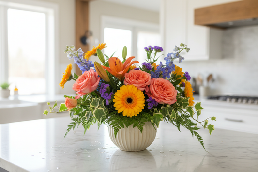 island blooms arrangment. A fresh, seasonal floral arrangement sized for entry tables or kitchen islands. A bright, welcoming touch your guests notice instantly.