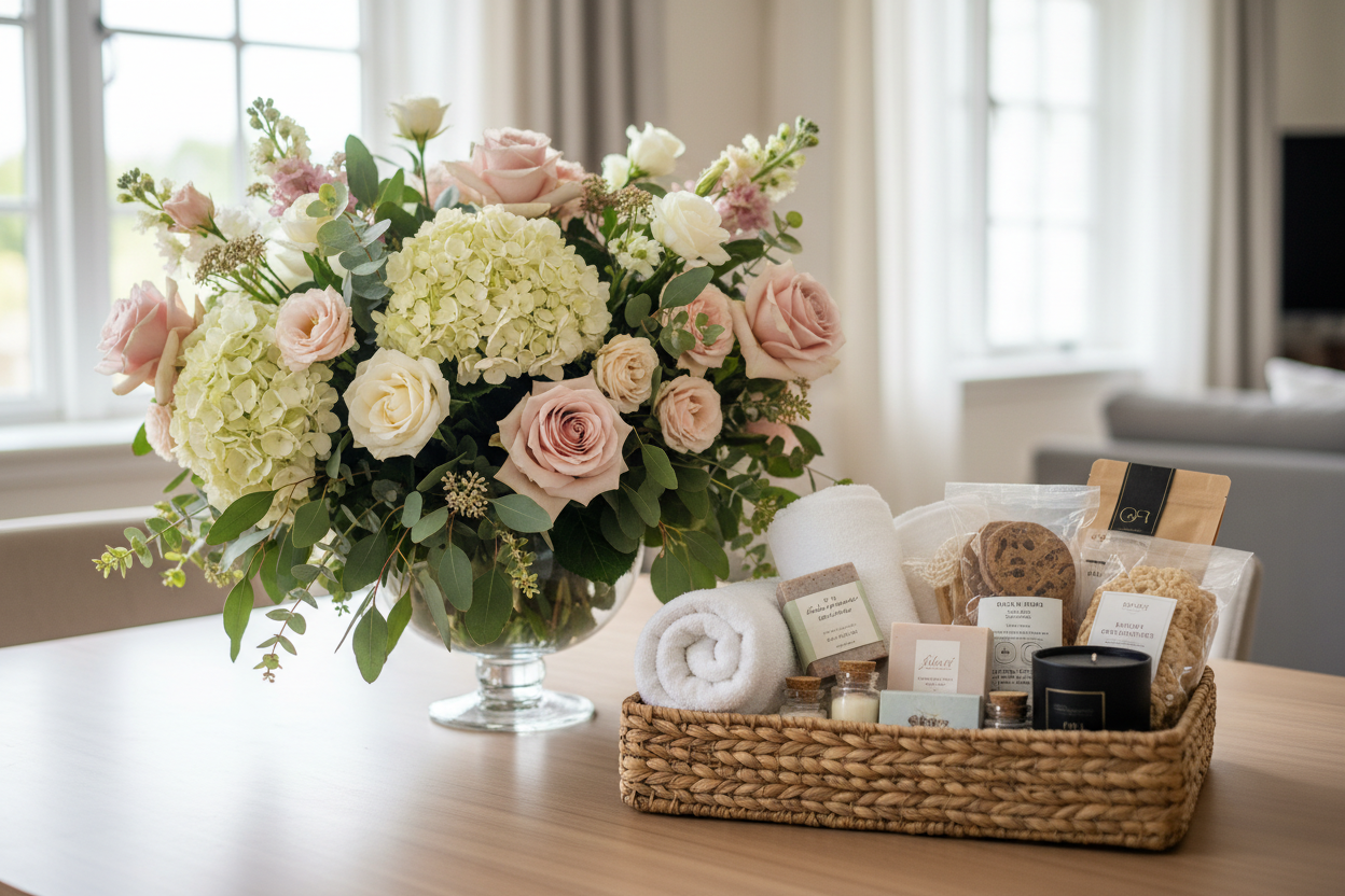 A popular combination of fresh florals plus a curated essentials basket. Creates a complete, elevated arrival experience for your guests.