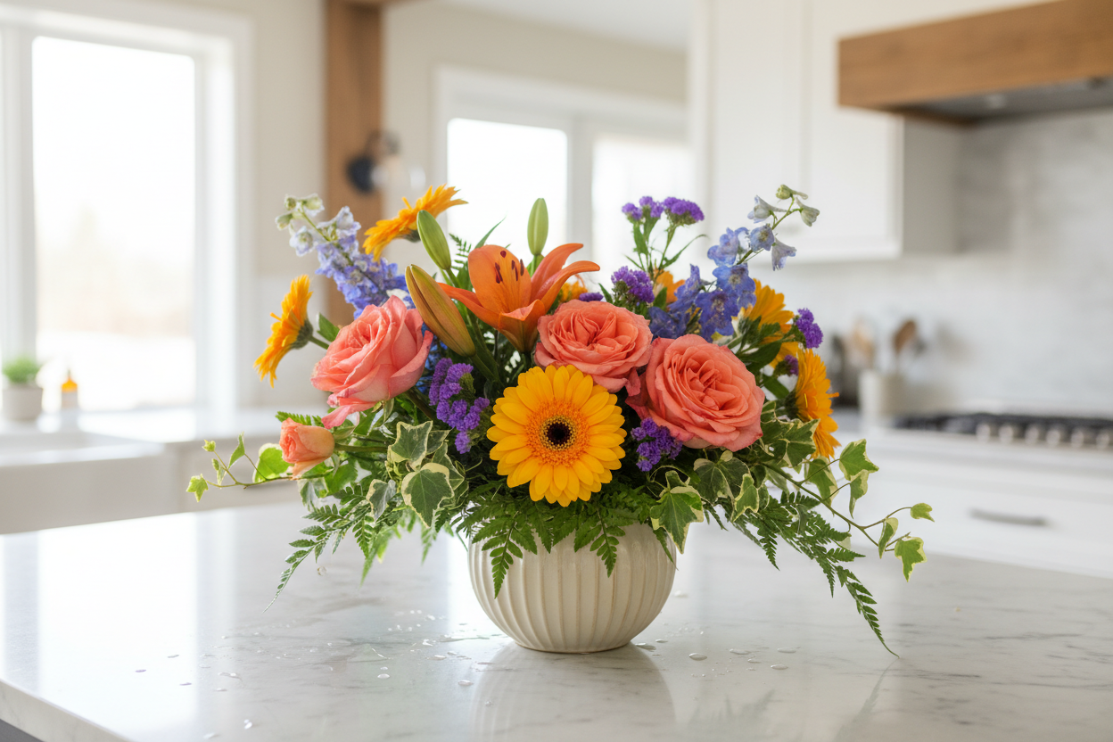 island blooms arrangment. A fresh, seasonal floral arrangement sized for entry tables or kitchen islands. A bright, welcoming touch your guests notice instantly.